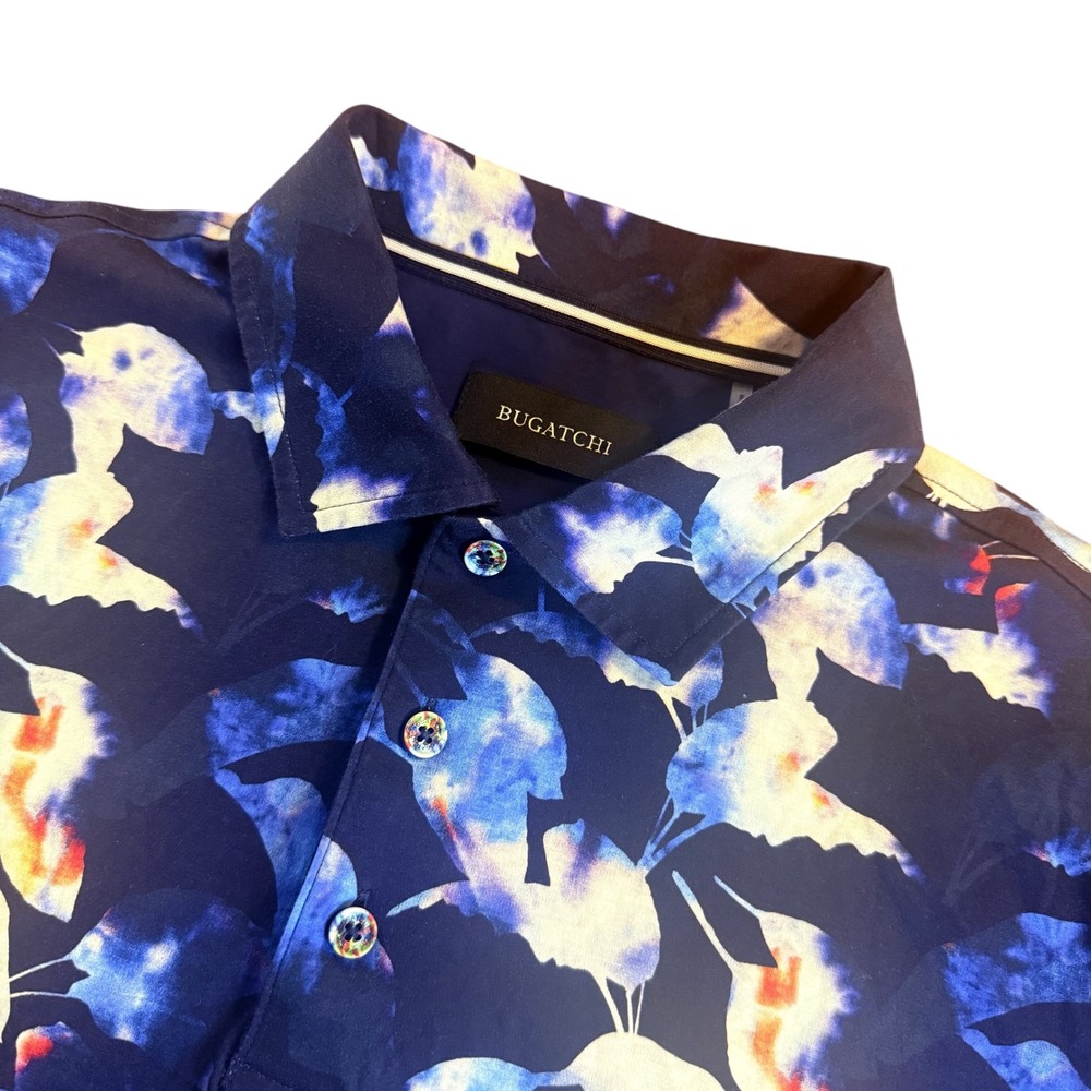 Bugatchi Mens S Mercerized Cotton Abstract Floral Polo Shirt Navy Short Sleeve